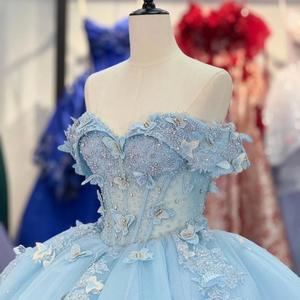 LY-QD0060 Quinceanera kızlar için balo elbisesi renkli 15 yıl parti elbise Glitter dantel prenses etek üst korse balo çiçek - Product Image 4