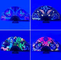 Éventail à main en satin pliable, effet sous lumière UV, grand éventail pour rave