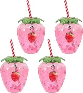 500ml Strawberry Shape Plastic Travel Reusable Acrylic Cup With Straw And Lid Cute Fruit Pattern Drinking Water Bottle