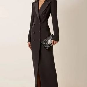 Vêtements pour femmes, blazer long pour femmes, élégant, col en V, manteau long noir avec fermeture à double boutonnage et ourlet évasé - Product Image 1