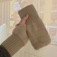 Mitaines sans doigts en tricot blanc uni chaudes pour femmes K412, mitaines en polaire douces pour l'hiver, mitaines à demi-doigts