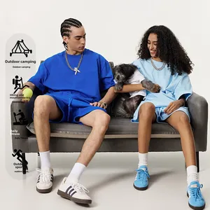 T-shirt da <span class=keywords><strong>uomo</strong></span> personalizzata 305G pesante 100% cotone lavata a maniche corte t-shirt estiva piccola scollatura 440G <span class=keywords><strong>pantaloncini</strong></span> pesanti coppia Set - Product Image 4