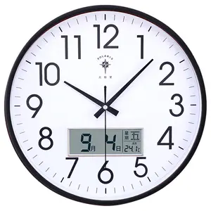 Hot Sale Round Shape White Plastic Frame Quartz Silent Wall Clock Home Use Digital Calendar Thermometer Wall Clock