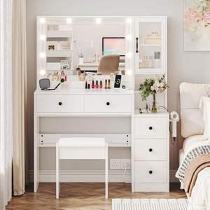 Coiffeuse blanche style ferme <span class=keywords><strong>avec</strong></span> 5 tiroirs, station de charge, miroir éclairé, étagère de rangement, en bois, pour maquillage et habillage - Product Image 5
