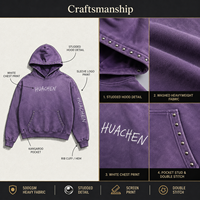 Luxuriöser 500gsm Schwergewicht-Hoodie für Herren in Lila, Sonnengebleicht mit Nieten, Streetwear Vintage Used-Look mit Individuellem Logo und Eigenem Label