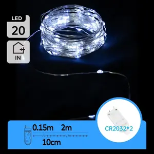Ghirlanda di luci LED in filo di rame, 2 m, bianco opaco, con batterie a bottone; ideale per decorazione e ambientazione. - Product Image 1