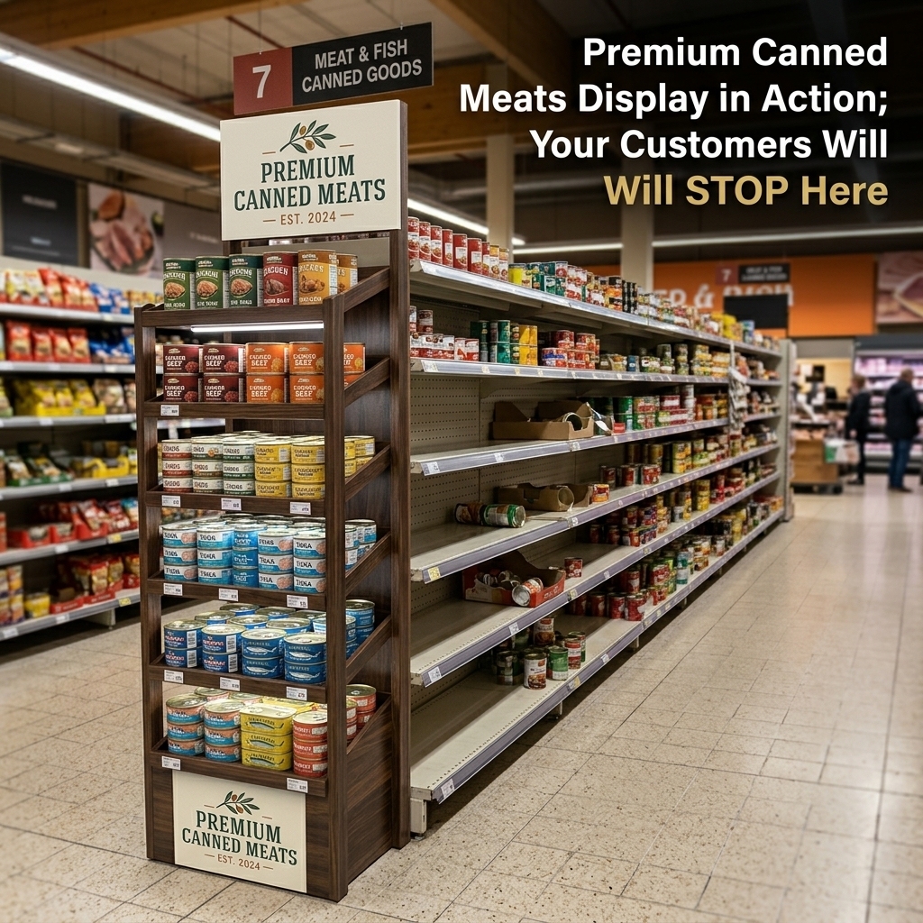 Custom Wood Gravity Feed Display Stand for Canned Fish Beef Meat Tins FIFO Auto-Refill Retail Store Rack Eco-Friendly Plywood — view 2