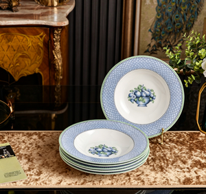 Juego de 6 platos hondos de cerámica con diseño de frutas azules y blancas para servir sopa, pasta y ensalada - Product Image 3