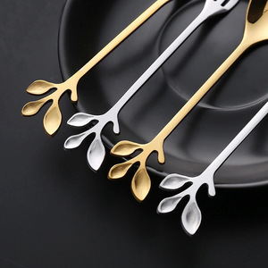 Leaf Shape Stainless Steel <b>Dessert</b> Spoon And <b>Fork</b> Set Gold Silver Color For Cake Fruit Coffee Stirring - Product Image 1