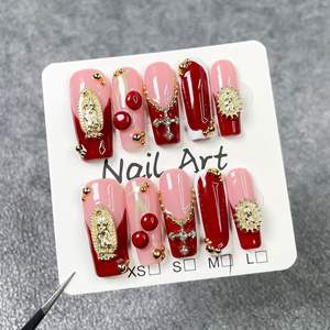 <span class=keywords><strong>Uñas</strong></span> Postizas TSZS 100% Hechas a Mano, Color Rojo Vino, Diseño de <span class=keywords><strong>Flores</strong></span>, Acabado Brillante Rosa, Forma Cuadrada Mediana, Reutilizables - Product Image 3