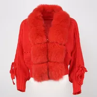 OFTBUY nouveau automne hiver mode chandails tricotés avec col en fourrure de renard Cardigans en fourrure de renard tricoté vestes en fourrure de renard femmes pull manteau