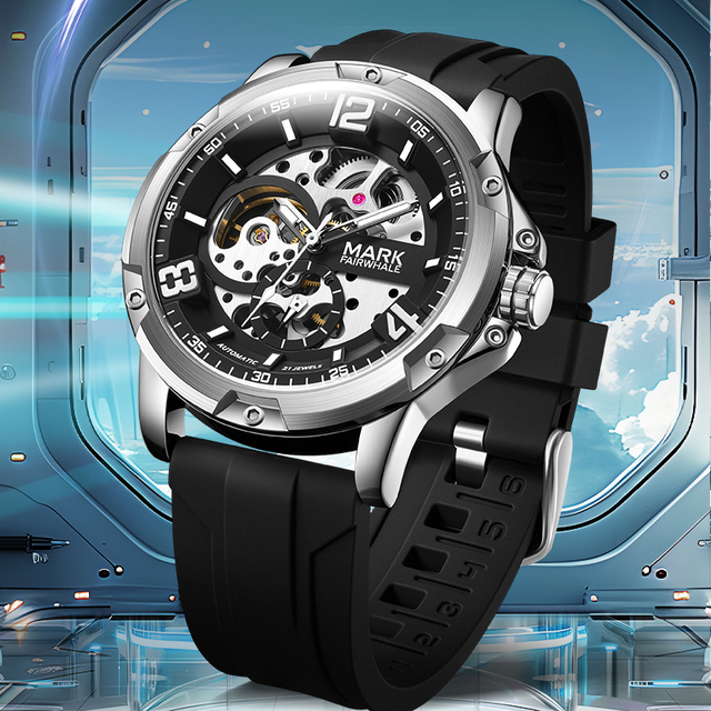 Mark Fairwhale Automatic Men  Watch Mechanical Movement Mineral Glass Luminous Hands Sport Rubber Strap 30M Waterproof FW-6019