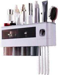 Plastic Suction-cup <b>Toothbrush</b> <b>Holder</b> Rack No-Drilling Required Bathroom Storage Multi-functional Dispenser Organizer - Product Image 1