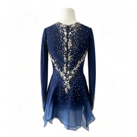 Robe de patinage artistique bleu marine à manches longues, jupe en mousseline de soie avec strass au dos rond, costume de performance pour compétition de patinage, sur mesure