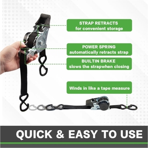 أحزمة ربط قابلة للسحب 1 بوصة × 10 أقدام بقوة تحمل 1500 رطل، أحزمة شحن ثقيلة ذاتية السحب مع خطاف على شكل حرف S من البوليستر - Product Image 2