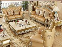 Canapé en cuir de luxe de style italien classique royal, cadre en bois massif sculpté