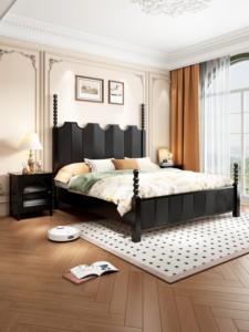Vintage Black Solid Wood King Size Bed Frame, American Retro Queen Bed with Vertical Texture & Carved Details, Luxury Bedroom - Product Image 2