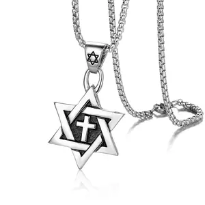 Punk Silver Tone Amulet Titanium Stainless Steel Mens Hexagram Star of David Pendant Jewelry Necklace For Men