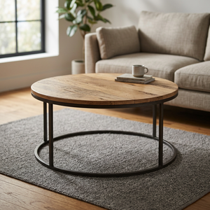 Industrial & Vintage Eco-Friendly Durable Living Room Furniture Steel & Solid Wood Round <b>Coffee</b> <b>Table</b> - Product Image 3
