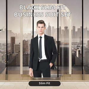 Traje de negocios negro de 2 piezas para hombre, corte ajustado, abotonadura doble, pantalón con cremallera, frente plano, talla grande, transpirable, antiestático - Product Image 2