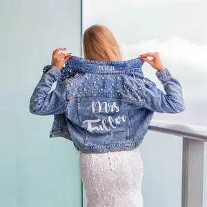 Chaqueta vaquera personalizada para mujer, chaqueta vaquera de manga larga a granel con perlas para boda, primavera y otoño