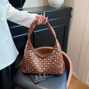 Women's <strong>Studded</strong> Hobo <strong>Bag</strong> Fashion Rivet PU Leather Shoulder <strong>Bag</strong> Daily Tote - Product Image 2