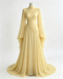 Pale <strong>Yellow</strong> High Neck Draped Long <strong>Dress</strong> <strong>Women</strong> Long Sleeve Formal Gown - Product Image 2