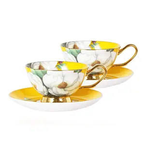 Stechcol花陶瓷奢华咖啡杯盘套装礼品盒新款骨瓷金色装饰咖啡杯碟