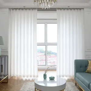 工厂定制纯色白色夹褶超长透明窗帘客厅