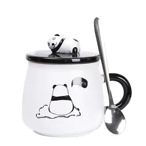 Toptan karikatür kabartmalı panda seramik kahve kupalar hediye 3D emaye süt çay kapaklı bardak ve kaşık