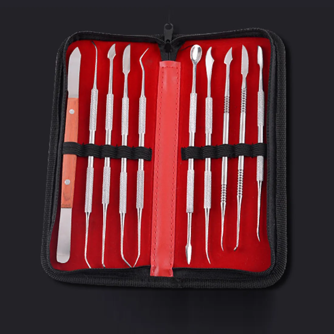 Kit de ferramentas para dentes, instrumento dentário de aço inoxidável versátil, ferramenta prática com suporte de pu, com 10 peças