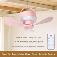Mini ventilateur de plafond suspendu avec lumière, 5 vitesses, 3 couleurs, télécommande, crochet en S pour dortoir, lit superposé, tente, camping, chambre, moustiquaire