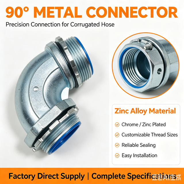 90° Metal Connector Zinc Alloy Die Cast Chrome Plated Liquid Tight Flexible Metal Conduit Fitting Heavy Duty Custom Threads