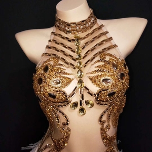 Body Sexy Transparente con <span class=keywords><strong>Plumas</strong></span> de Cristal Dorado para Mujer, Traje de Espalda Descubierta para Club, Ropa de Baile de Stripper Exótica - Product Image 5