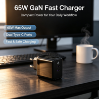 Chargeur mural GaN 65W double Type C PD PPS, adaptateur d'alimentation rapide, prise EU, chargeur de voyage compact pour ordinateur portable et smartphone, vente en gros