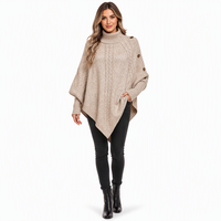 Poncho de punto grueso con cuello alto para mujer, suéter tipo capa con mangas murciélago, chal envolvente con botones laterales, jersey de punto al por mayor OEM
