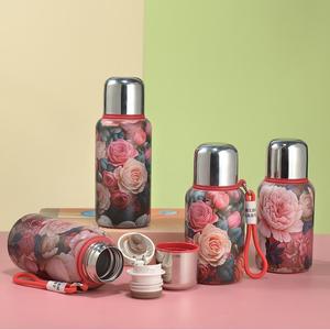 Bouteille d'eau isotherme vintage à imprimé floral 400ml 600ml en acier inoxydable 316, thermos portable avec cordon, logo personnalisé - Product Image 1