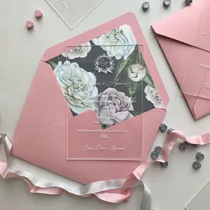 유럽 스타일 아크릴 청첩장 카드 인쇄 흰색 잉크 꽃 디자인 핑크 봉투 포장
