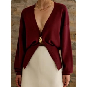 V-Neck Waist Solid Color Single Button Women's Knit <b>Cardigan</b> <b>Sweater</b> Fashion - Product Image 2