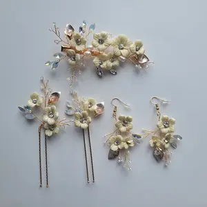 SLBRIDAL Handmade Ins Style Alloy Ceramic Flower Crystal Bridal Hair Clip Barrettes Wedding Headpieces Women Hair Accessories