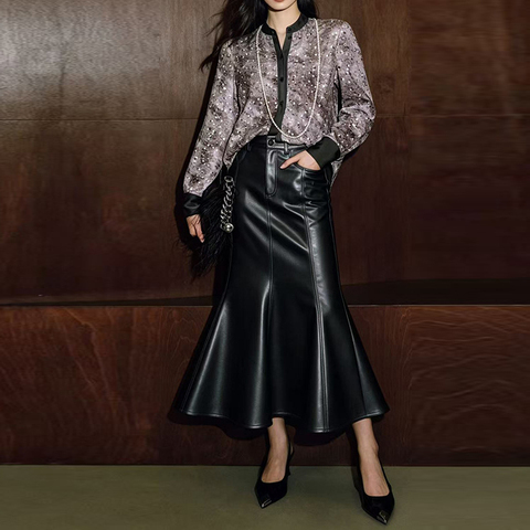 HN5310 Women's High-waisted Cinched Waistline Elegant Spliced Slim Fit Maxi Bodycon Skirt Genuine Leather Mermaid Skirt