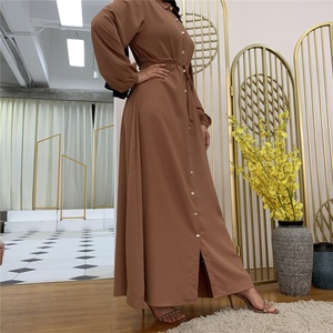 6289#Women Long Dress New Fashion Muslim Solid Color Full Sleeve Button Down Slim High Waist New Dress - Product Image 3
