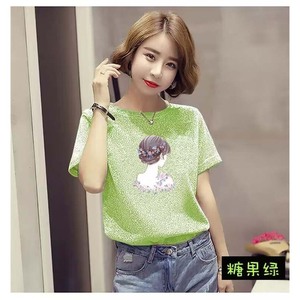 Women's Short Sleeve <b>Glitter</b> T-Shirt Green Printed Korean Style Breathable Summer <b>Top</b> - Product Image 1