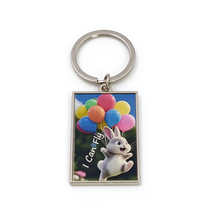 Porte-clés rectangulaire en alliage de zinc avec impression UV, lapin de dessin animé avec ballons, breloque en métal, cadeau de Pâques - Product Image 1