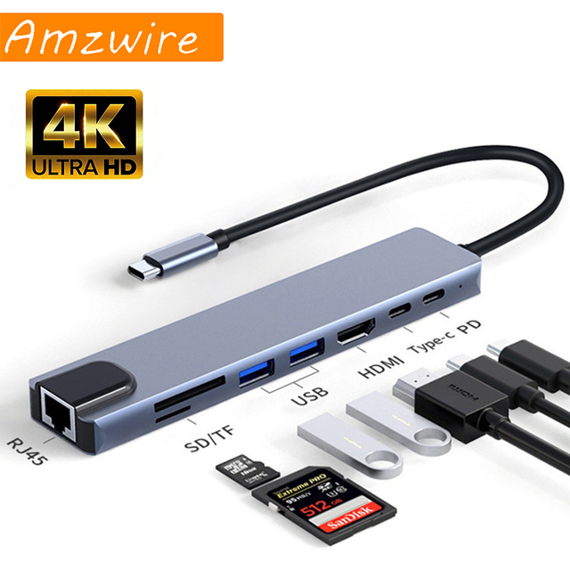 8 in 1 Type C USB Hub with Gigabit Ethernet 8 Port 2.0 4k C Dock Adapter USB 3.0 Hub for MacBook hd Laptops in Stock USB Hub