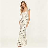Robe midi vintage à pois en dentelle pour femme, coupe trapèze, manches courtes, col en V, tricotée, taille haute, pour soirée, personnalisable OEM – Meilleures ventes