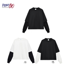280g tinh khiết cotton thể thao T-Shirt với hai lớp màu tương phản dài tay áo và ngắn rộng Boxy Mỹ chắp vá thiết kế - Product Image 5