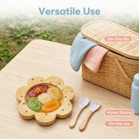 Ensemble d'assiettes à ventouse en bambou naturel en forme de fleur de dessin animé, vaisselle antidérapante pour tout-petits, fourchette et cuillère en bois, écologique, vente en gros