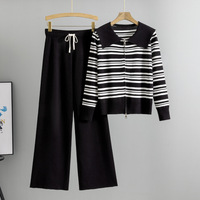 Ensemble pull cardigan rayé et pantalon large pour femme, nouvelle collection automne 2026, tricoté, décontracté et tendance, deux pièces pour printemps-été