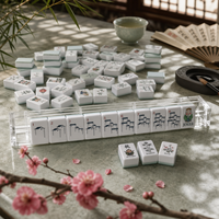 Ubin Mahjong Akrilik Berukir Gaya Cina Putih Hijau Mint Biru Tua Set Permainan Portabel untuk Hiburan 4 Pemain